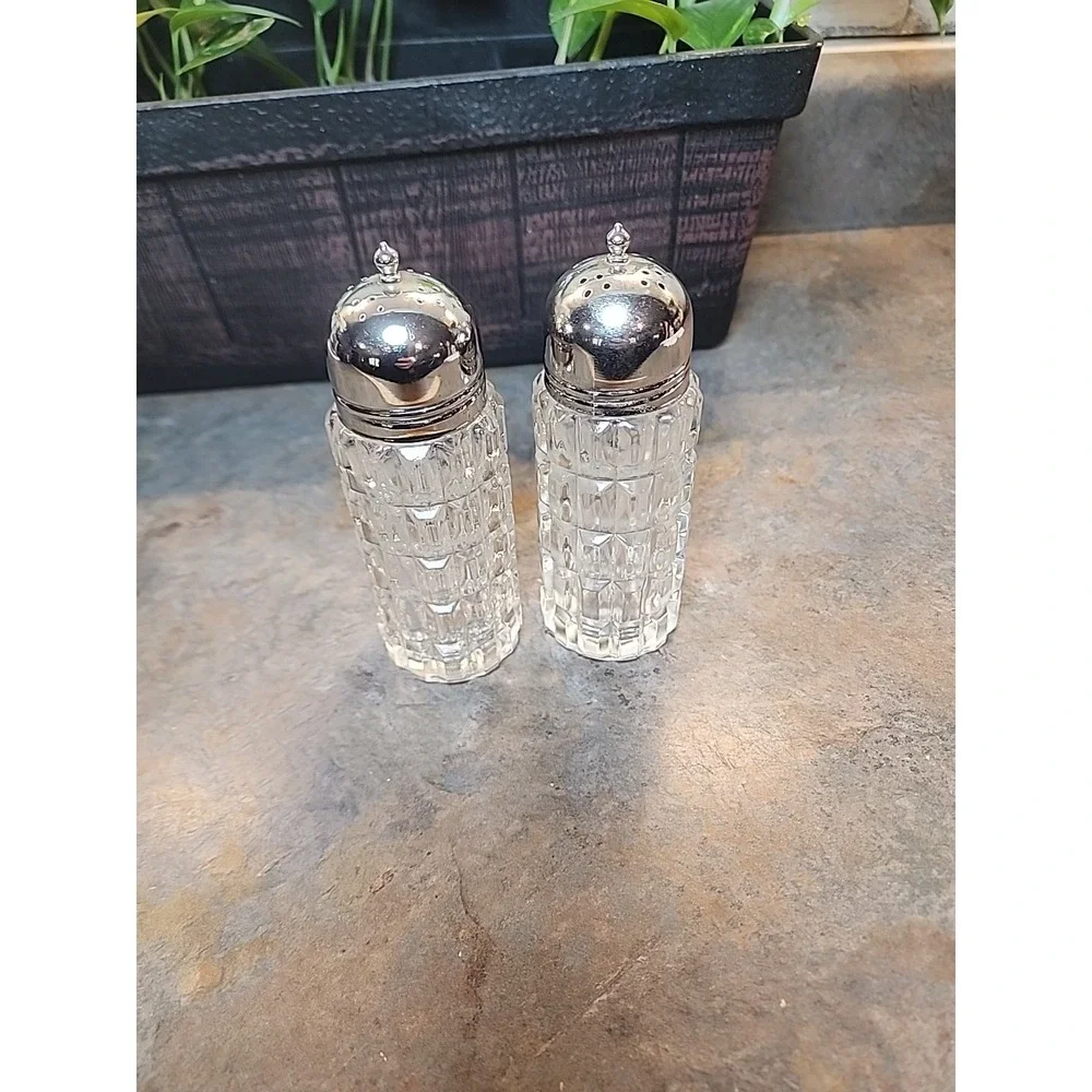 Vtge Tall Shakers Set Press Glass Metal Caps Square Rectangle Design